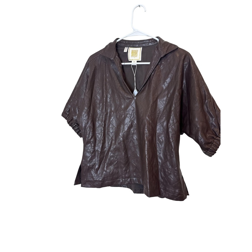 Emily McCarthy Blouse Womens XS Brown Quilted Faux Leather Collared Poppy Top